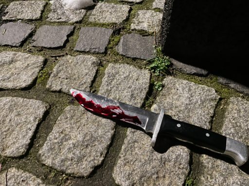 Ein blutverschmiertes Messer liegt auf dem Boden