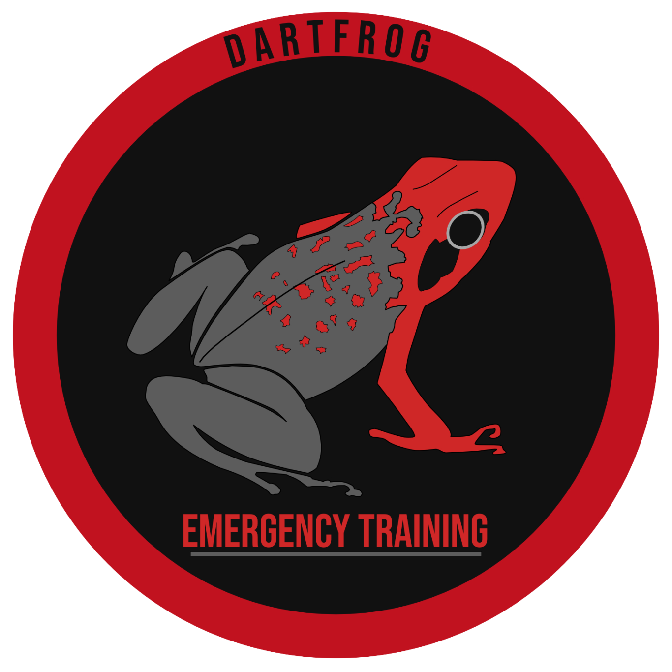 Logo von DARTFROG Emergency Training Logo von Dartfrog Emergency. Ein rot grauer Pfeilgiftfrosch auf schwarzem Grund umgeben von einem roten Kreis