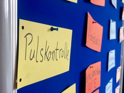 Metaplanwand mit mehreren angepinnten bunten Karten. Auf der vorderen Karte steht Pulskontrolle