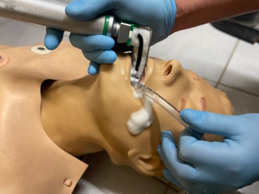 Eine schwierige Intubation wird an einer Puppe simuliert. Erbrechen,  mit einer Intubation und dem zeitgleichen Absaugen wird geübt